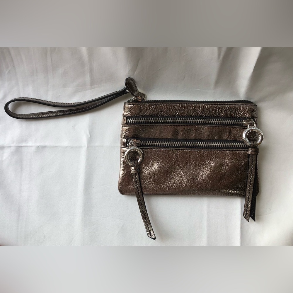 Brighton wristlet, NWOT, metallic-bronze leather, zipper pockets, see photos